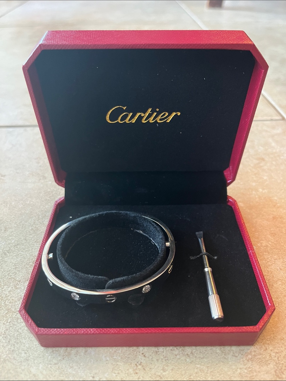 Cartier Silver Bracelet with Black Interior and Red Presentation Case